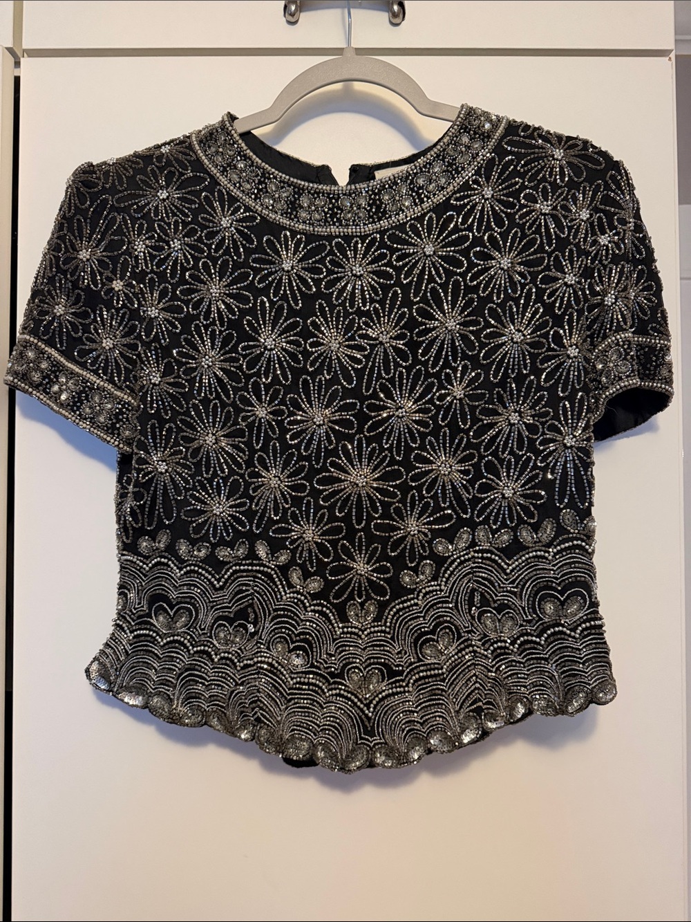 Papell Boutique Black Short-Sleeve Beaded Floral Top